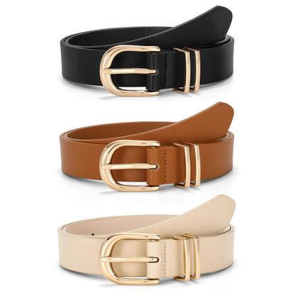 HOTJASGOOD 3 Pack Women Leather Belts For Jeans Dresses Pants Ladies Faux Leather Waist Belt with Gold Buckle