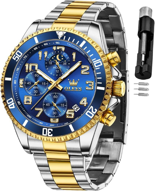 HOTOLEVS Mens Watches Chronograph Luxury Dress Moon Phase Two Tone Stainless Steel Waterproof Luminous Business Calendar Wrist Watch