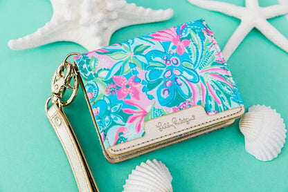 HOTLilly Pulitzer Leatherette Snap ID Card Case Wallet, Golden Hour | Cute Money Holder with Removable Wristlet Strap and Key Ring, Slim Credit Card Holder with Snap Closure