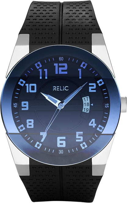 HOTRelic by Fossil Men's Jake Three-Hand Day Date Watch, Silver Stainless Steel and Black Silicone Band Watch for Men