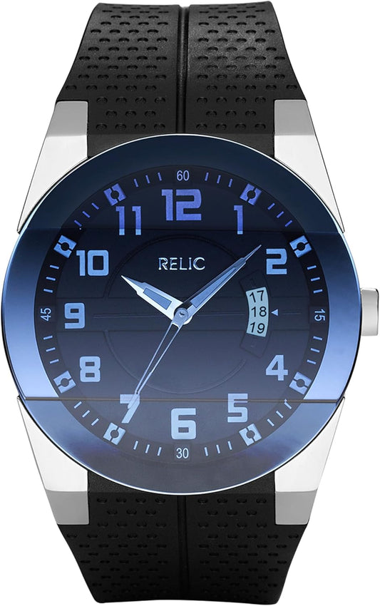HOTRelic by Fossil Men's Jake Three-Hand Day Date Watch, Silver Stainless Steel and Black Silicone Band Watch for Men