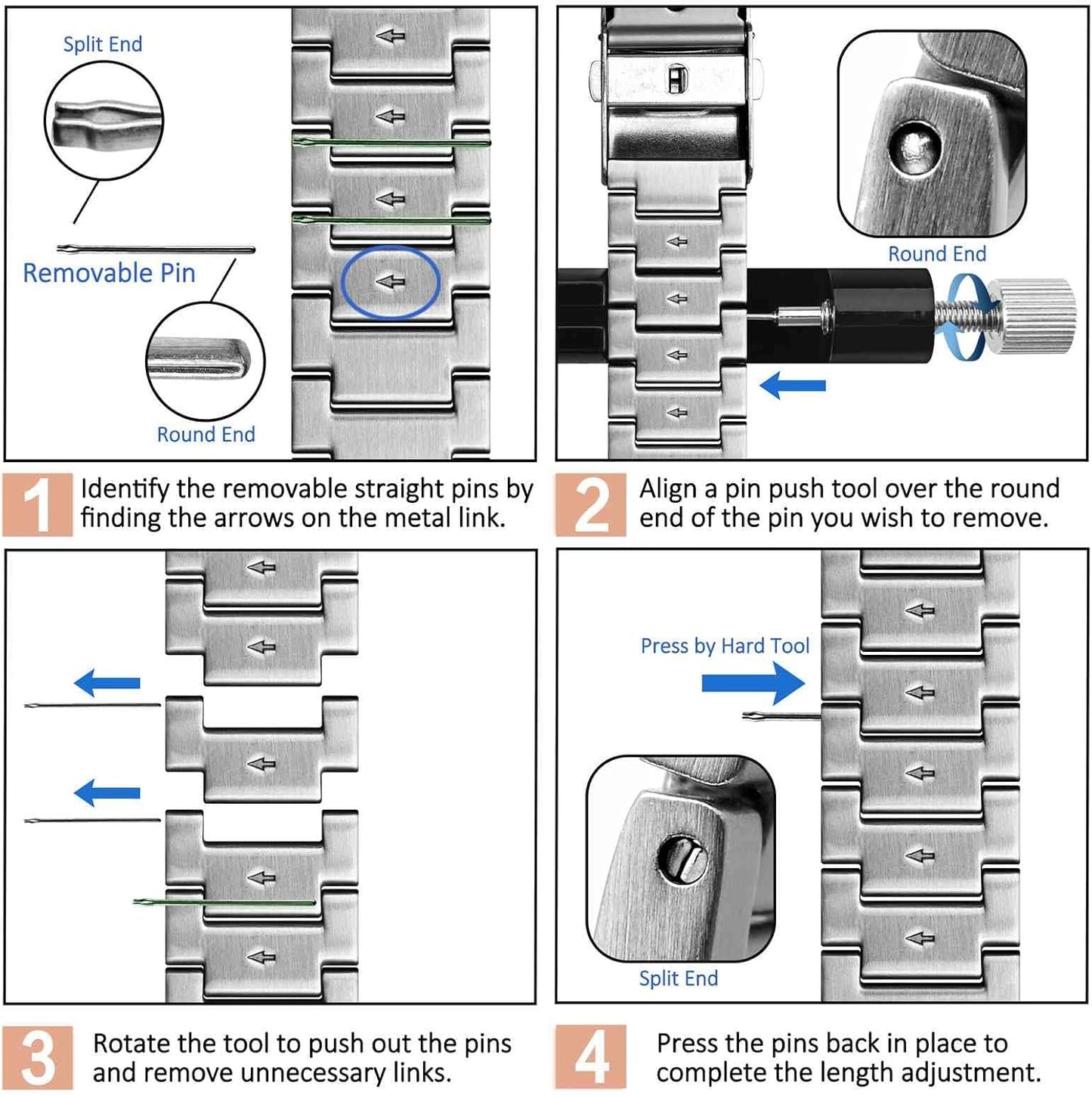 HOTWOCCI 20mm Heavy-duty Metal Watch Band for Men, 316L Stainless Steel, Double Locking Deployant Clasp (Silver)
