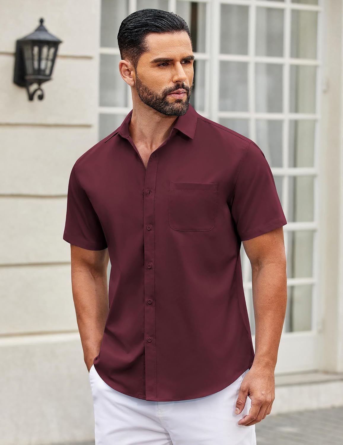 HOTCOOFANDY Mens Short Sleeve Casual Button Down Shirts Summer Untucked Dress Shirts with Pocket