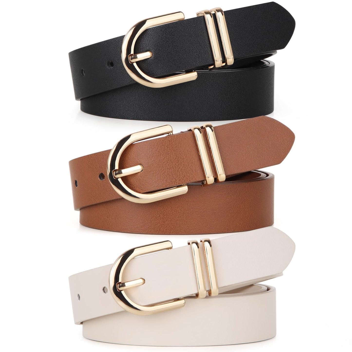 HOTPack 3 Women Belts for Jeans Pants, Fashion Gold Buckle Leather Belts