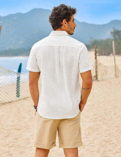 HOTCOOFANDY Men's Button Down Short Sleeve Shirt Casual Cotton Summer Beach Wedding Linen Shirts with Pocket