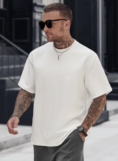 HOTHerberton Men's Sport T-Shirt Beach Tee Shirt Cotton Short Sleeve Gym Casual Crewneck Thick Heavy Solid Color Mid Weight Tshirt White XXL