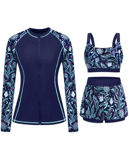 HOTDaci 3 Piece Rash Guard Set with 3'' Shorts | UPF 50+ Sun Protection, Long Sleeve Swim Shirt, High Rise, Built-in Bra, Removable Pads, for Beach, Pool, and Surfing