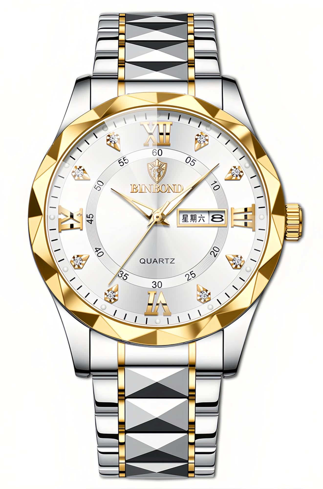 HOTGosasa Luxury Men's and Women's Business Diamond Stainless Steel Waterproof Roman Numeral Analog Quartz Watch with Day-Date Calendar, Gold and Silver Tone