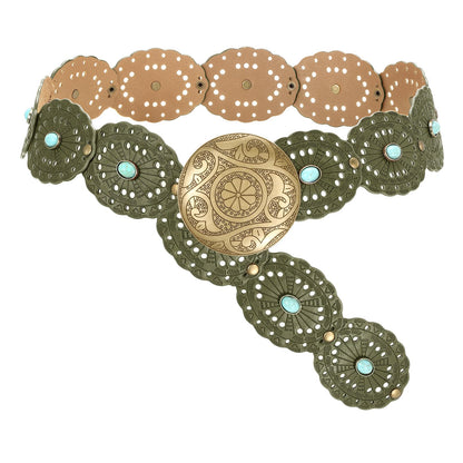 HOTSUOSDEY Wide Western Disc Belt with Turquoise Women Cowgirl Cowboy Boho Country Leather Belts for Jeans Dress, Width 2.36"