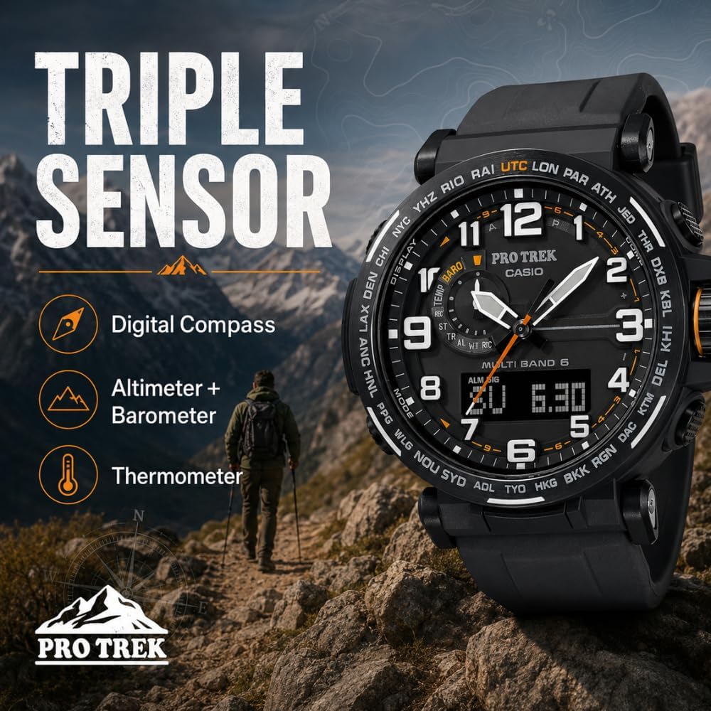 HOTCasio PRW6600Y Series | Pro Trek | 100M WR | Compass | Alt/Baro-Thermo | Tough Solar Power | Atomic Timekeeping | 1-100 SEC Stopwatch | Countdown Timer | World Time