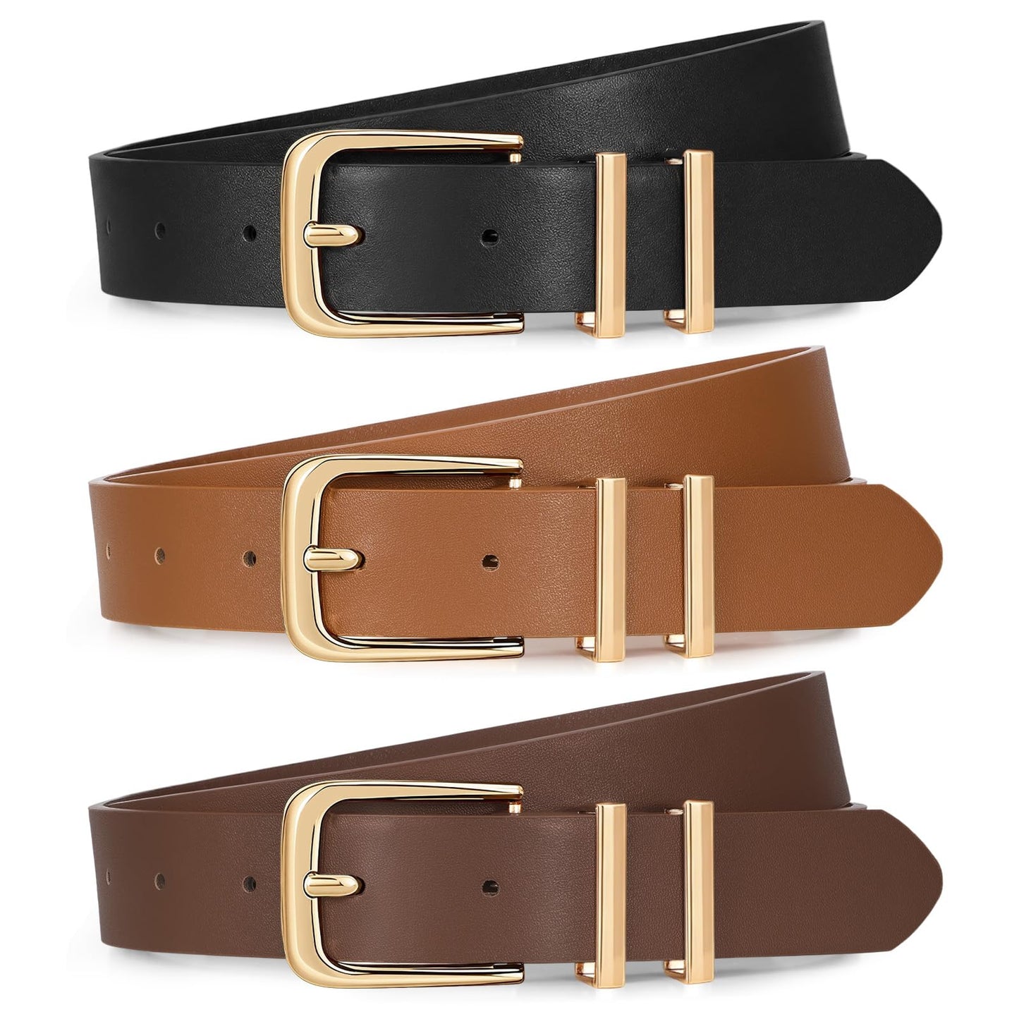HOTXZQTIVE 3 Pack Women Belts For Jeans Dresses Pants Ladies Leather Waist Belt with Gold Buckle