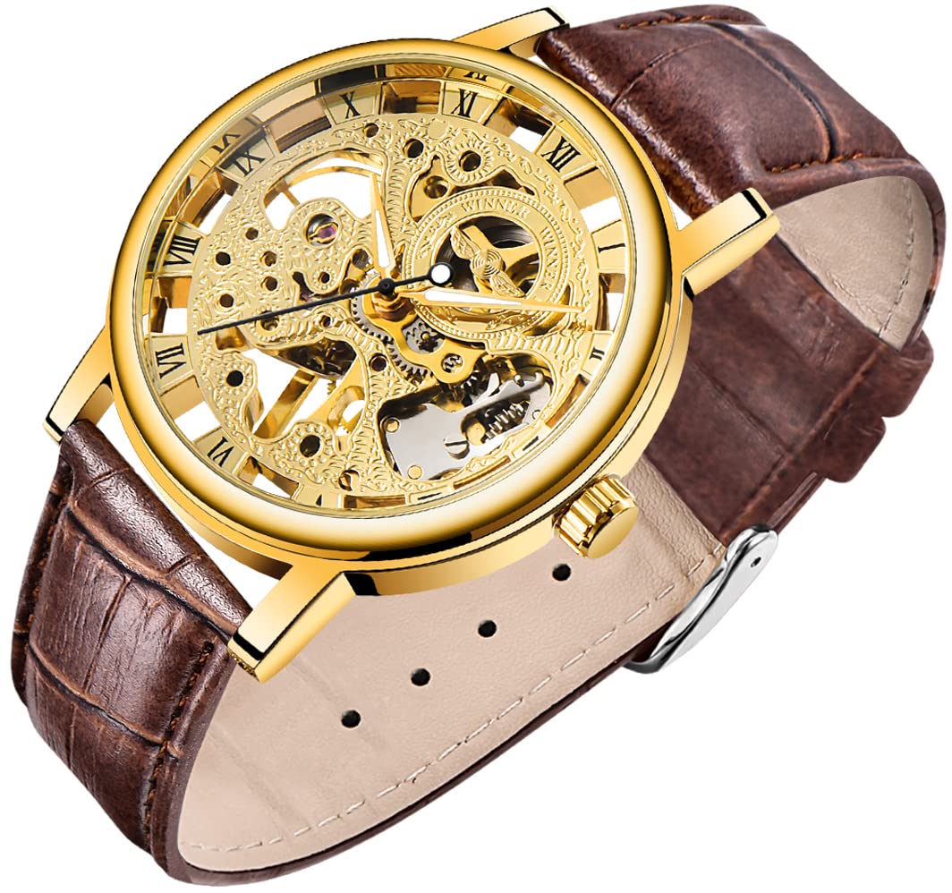 HOTMen's Skeleton Mechanical Roman Numeral Mesh Strap Watch, Hand Winding Mechanical Mesh Luminous Waterproof Watch for Men