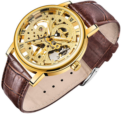 HOTMen's Skeleton Mechanical Roman Numeral Mesh Strap Watch, Hand Winding Mechanical Mesh Luminous Waterproof Watch for Men