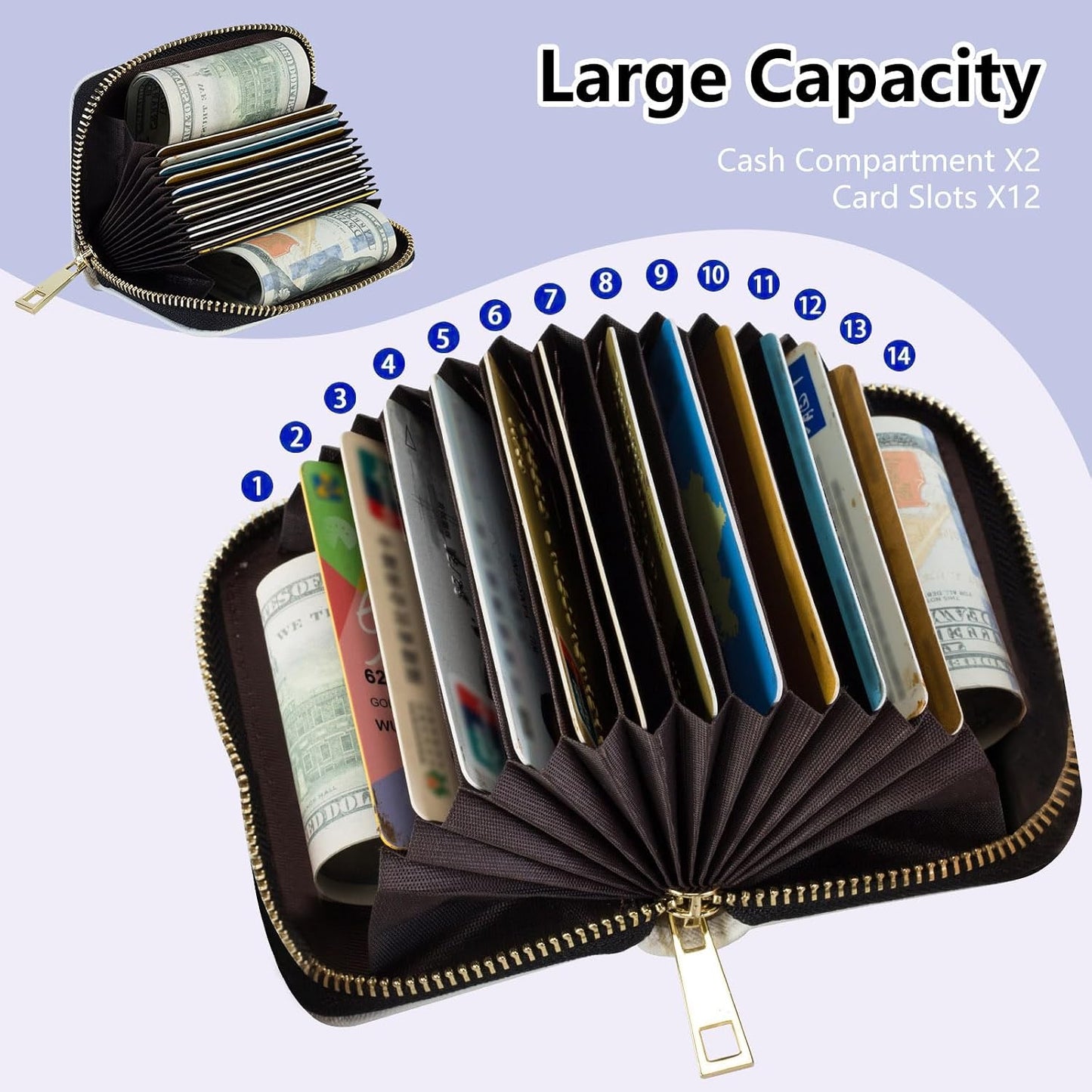 HOTCredit Card Holder for Women,Zipper 14-Slot RFID Blocking Wallet,Small Slim Cute Leather Compact Accordion Case,Business Card Holder Case,Organizer Gifts for Ladies,Cute Highland Cow