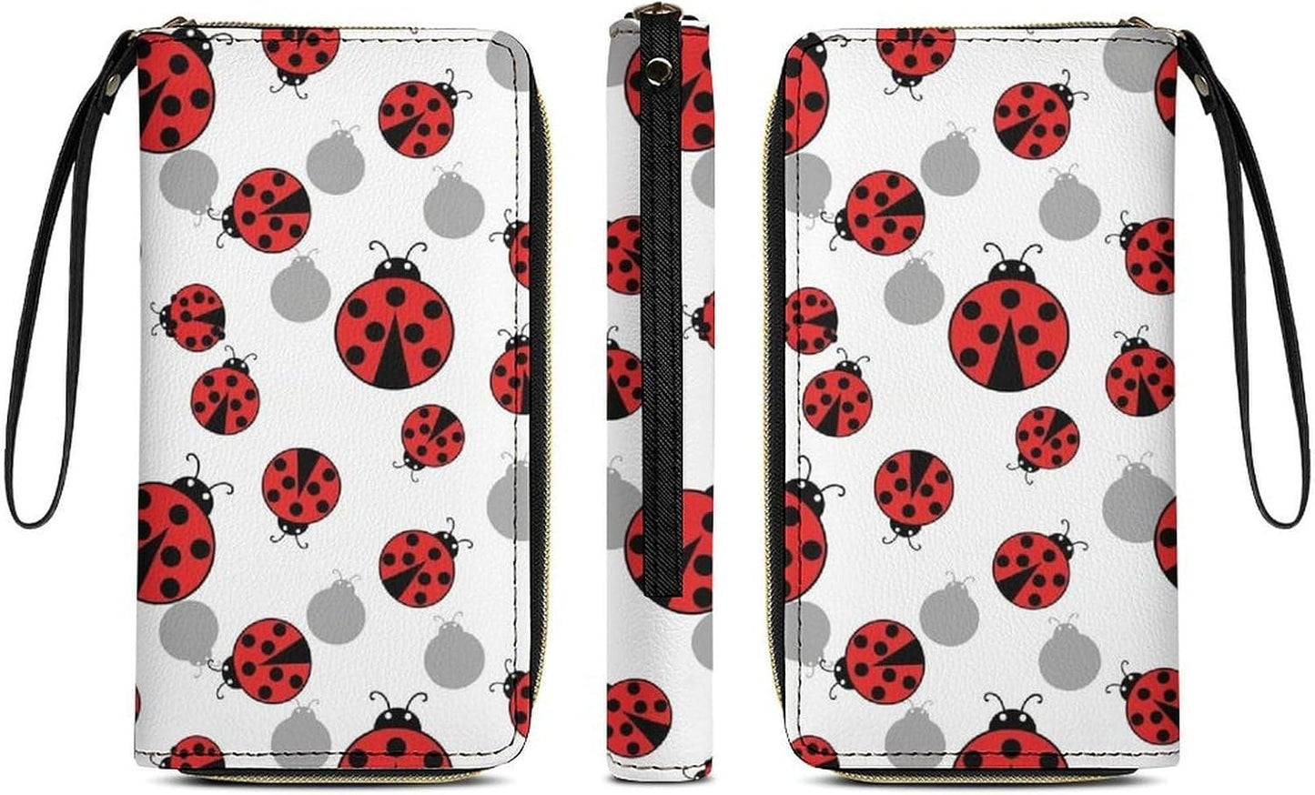 HOTPortable Wallets for Women Ladybugs Cartoon Cute Credit Card Holder with Zipper Slim Compact Cash Organizer Bag Waterproof Pu Leather Clutch with Wrist Strap