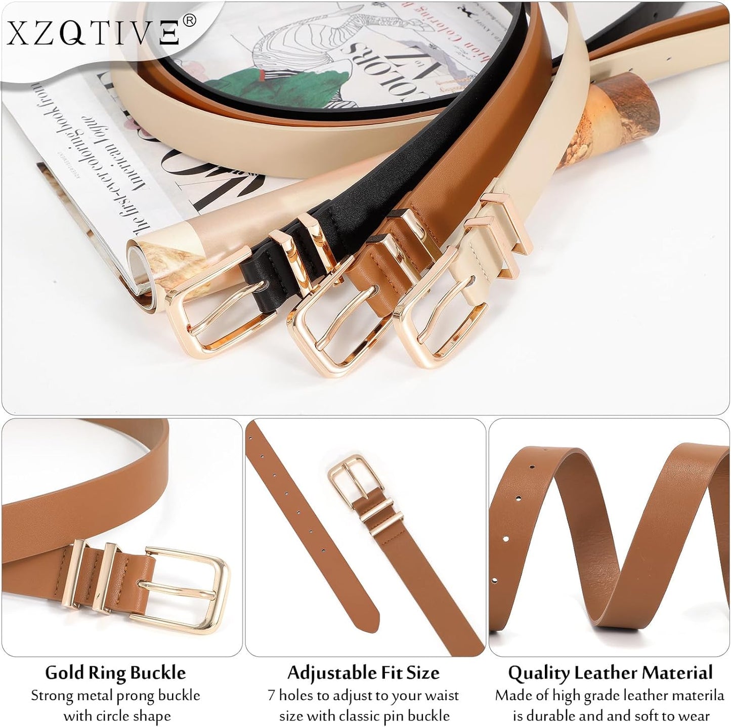 HOTXZQTIVE 3 Pack Women Belts For Jeans Dresses Pants Ladies Leather Waist Belt with Gold Buckle