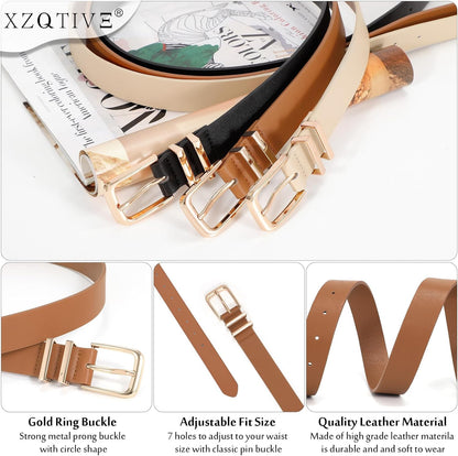 HOTXZQTIVE 3 Pack Women Belts For Jeans Dresses Pants Ladies Leather Waist Belt with Gold Buckle