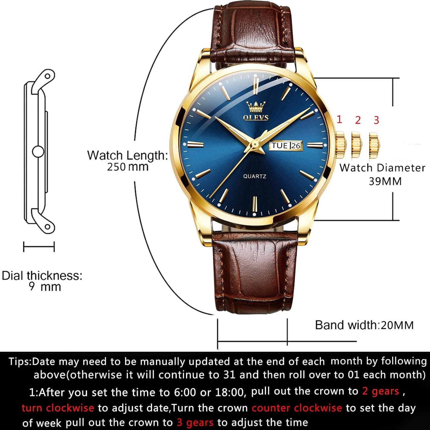 HOTOLEVS Mens Watch Brown Leather Band Dress Watch for Men Quartz Waterproof Men's Wrist Watch 38MM Gold Case Easy to Read Day Date Business Casual Men Watches Gifts for Him Relojes para Hombres