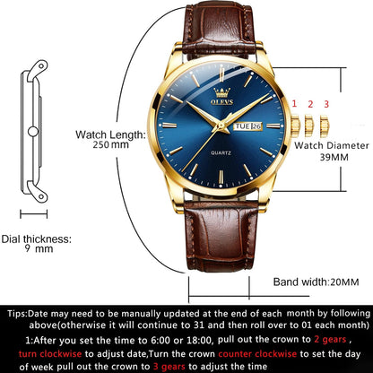 HOTOLEVS Mens Watch Brown Leather Band Dress Watch for Men Quartz Waterproof Men's Wrist Watch 38MM Gold Case Easy to Read Day Date Business Casual Men Watches Gifts for Him Relojes para Hombres