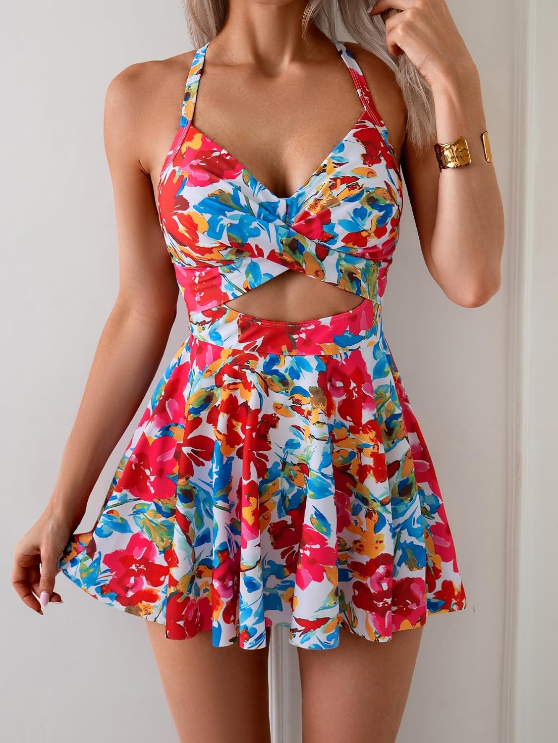 HOTB2prity Women Cutout One Piece Skirt Swimsuit V Neck Wrap Tie Back Swimdress Tummy Control Bathing Suits Slimming Swimwear