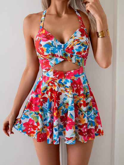 HOTB2prity Women Cutout One Piece Skirt Swimsuit V Neck Wrap Tie Back Swimdress Tummy Control Bathing Suits Slimming Swimwear