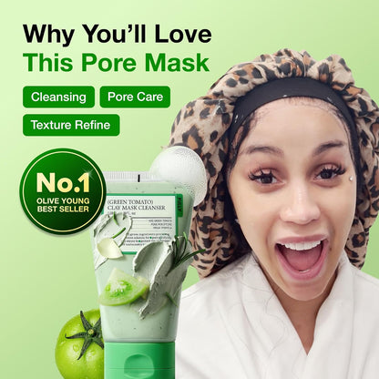 HOTFULLY Green Tomato Pore Cleanser, Cardi B’s Clay Mask Cleanser for Deep Pore Cleanse & Pore Minimizer, Blackhead & Sebum Control, Gentle Face Wash for Women, Korean Skincare