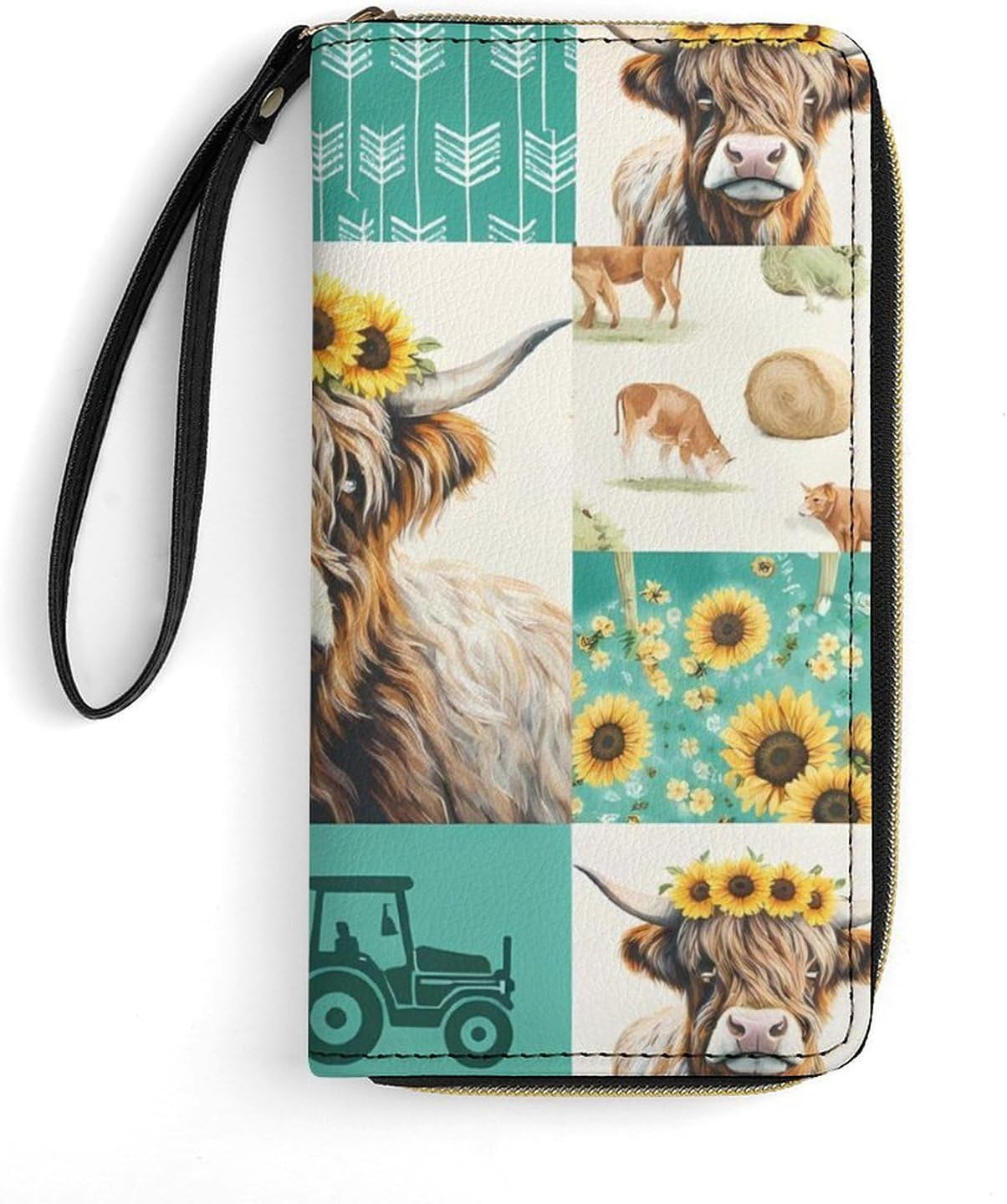 HOTRural Style Highland Cow Sunflower Collage Pattern Clutch Purse Leather Large Capacity Wristlet Leather Wallet