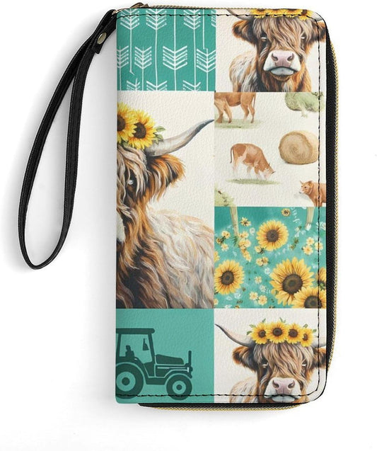 HOTRural Style Highland Cow Sunflower Collage Pattern Clutch Purse Leather Large Capacity Wristlet Leather Wallet