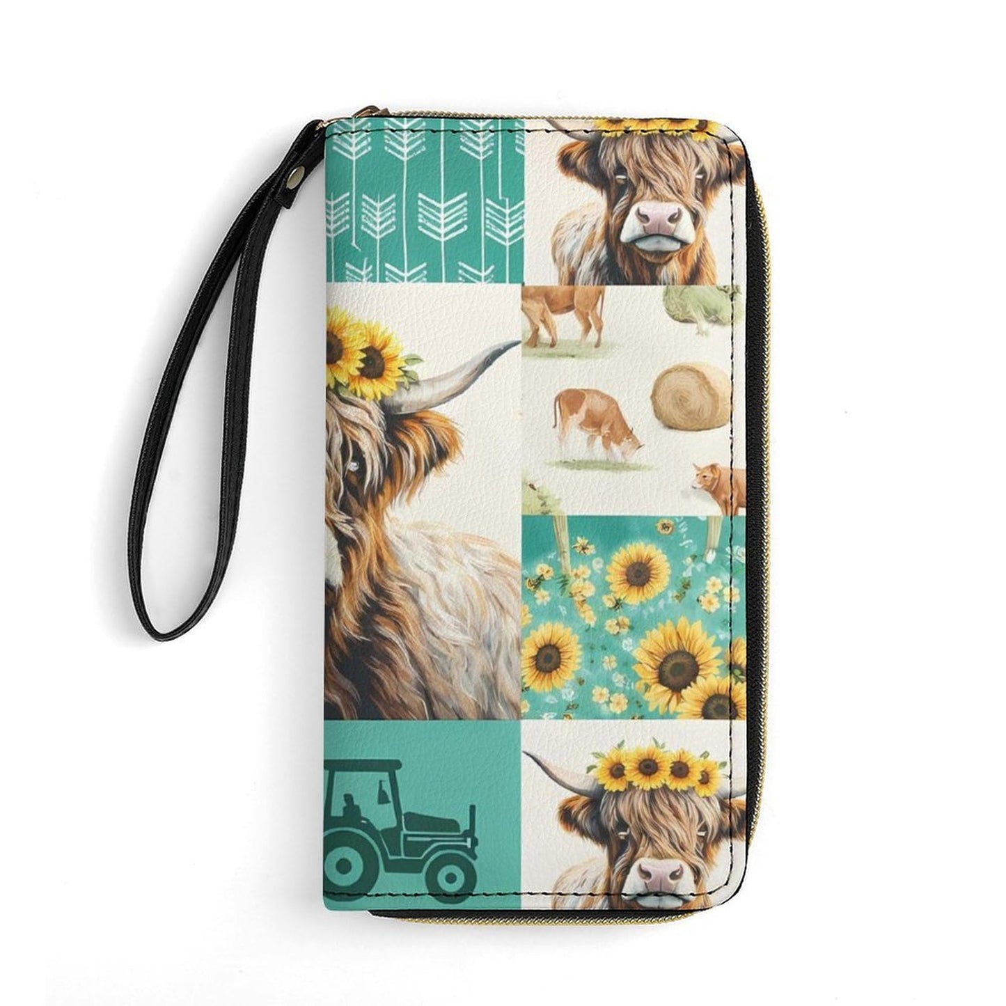 HOTRural Style Highland Cow Sunflower Collage Pattern Clutch Purse Leather Large Capacity Wristlet Leather Wallet