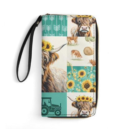 HOTRural Style Highland Cow Sunflower Collage Pattern Clutch Purse Leather Large Capacity Wristlet Leather Wallet