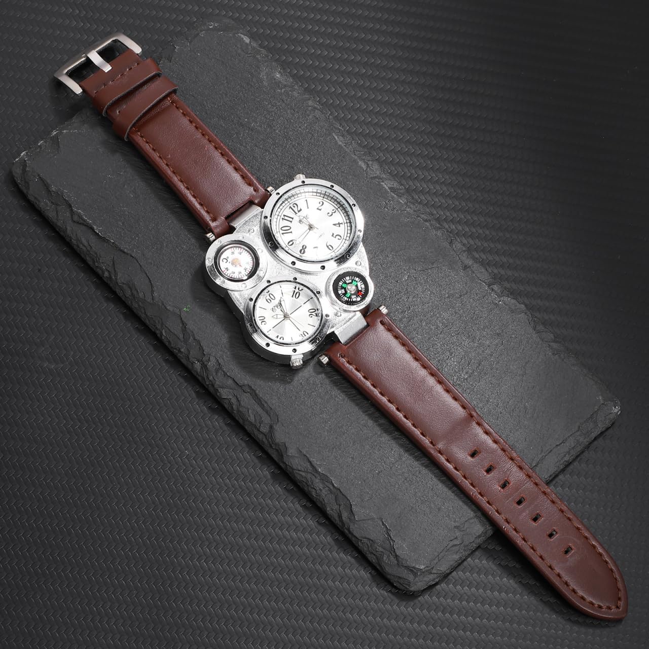 HOTNICERIO Mens Big Face Watches - Cool Wrist Watch Genuine Leather Strap Dual Time Zone Sport Watch Analog Quartz Display with Thermometer Compass