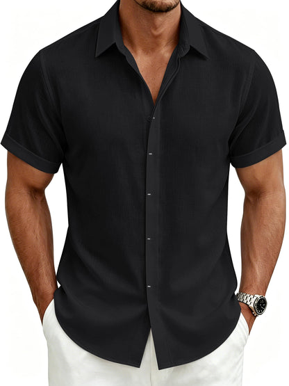 HOTMens Linen Shirts Short Sleeve Casual Shirt Button Down Summer Beach Vacation Tops Men Casual Dress Shirts Breathable