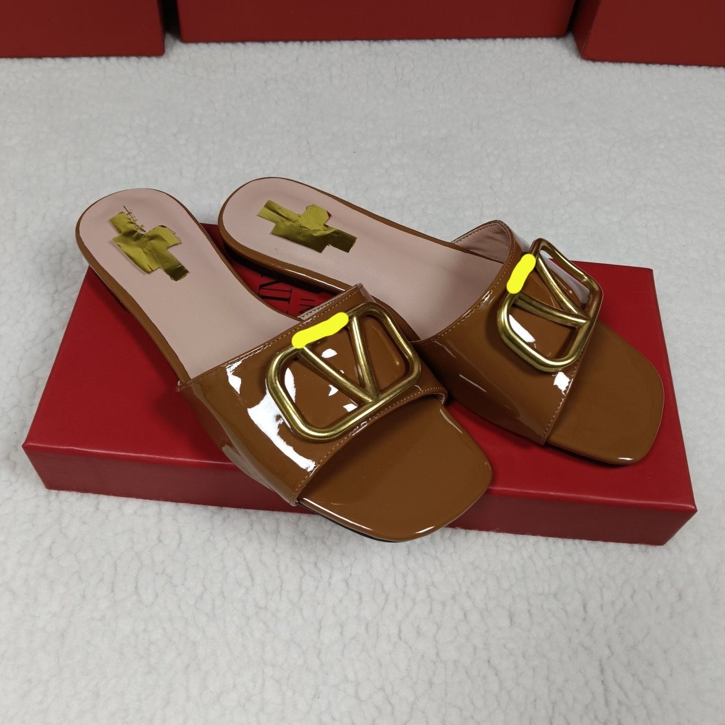 Metal Logo Patent Leather Slide Sandals