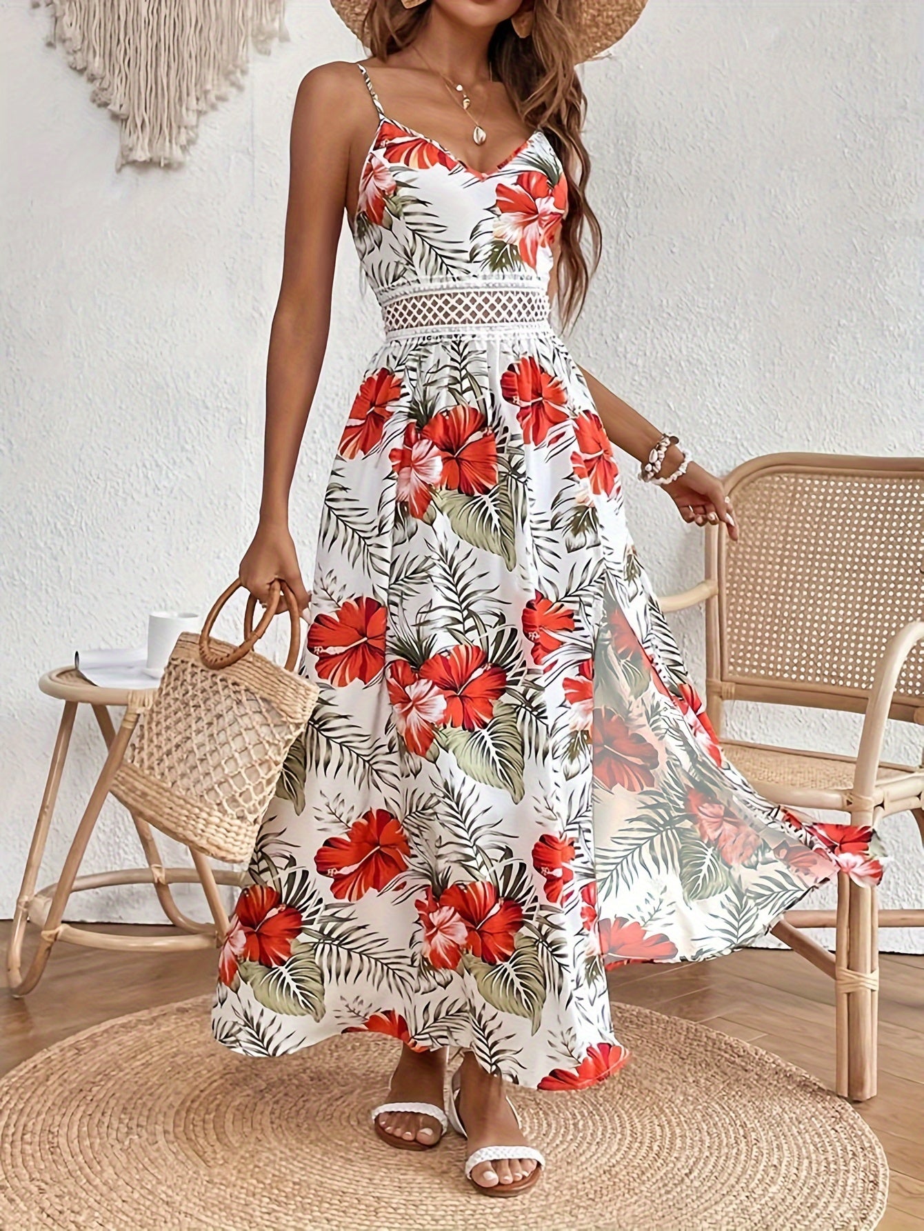 today's deals，No middlemen!Floral Print Spaghetti Strap Dress, Elegant Sleeveless Split Dress For Spring & Summer, Women's Clothing