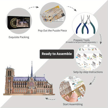 382pcs Notre Dame De Paris Church 3D Metal Puzzle for Adults - Challenging French Cathedral Brain Teaser Architecture Building Blocks Kit