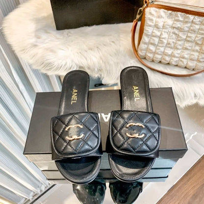 Quilted Leather Slide Sandals with Double Logo Detail