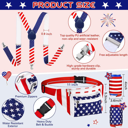 HOT4th of July Fanny Pack, 9 Pcs American Flag Headband Wristband Suspenders | Beer Belt Drink Holder, Beverage Suspenders, Patriotic Party Accessories, Fourth of July Outfit for Men Women