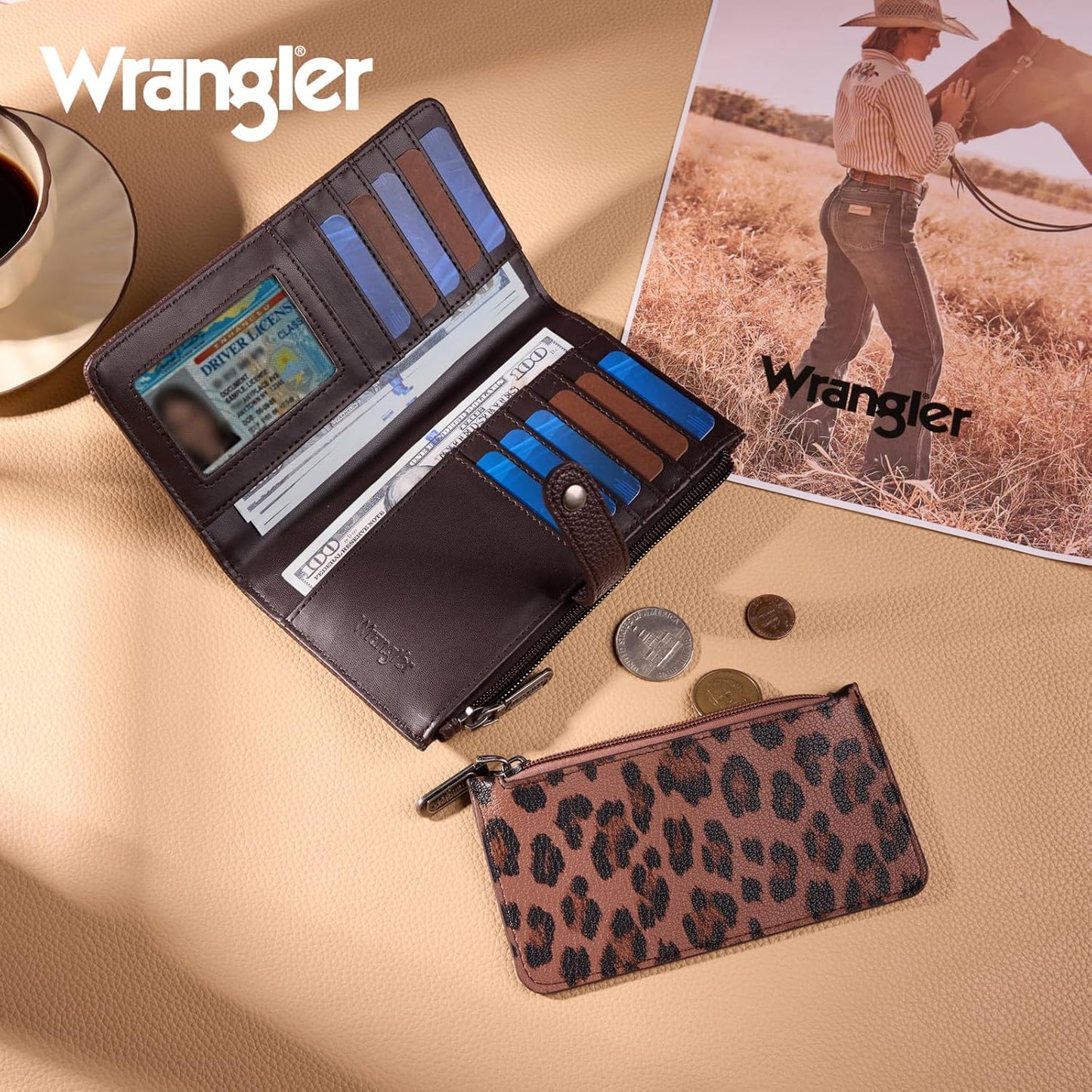 HOTMontana West X Wrangler Wallet Women Bifold Wallets, Card Cases & Money Organizers Leopard Print Credit Card Wallet Ladies Female Western Wallets with RFID Lining and Coin Purse