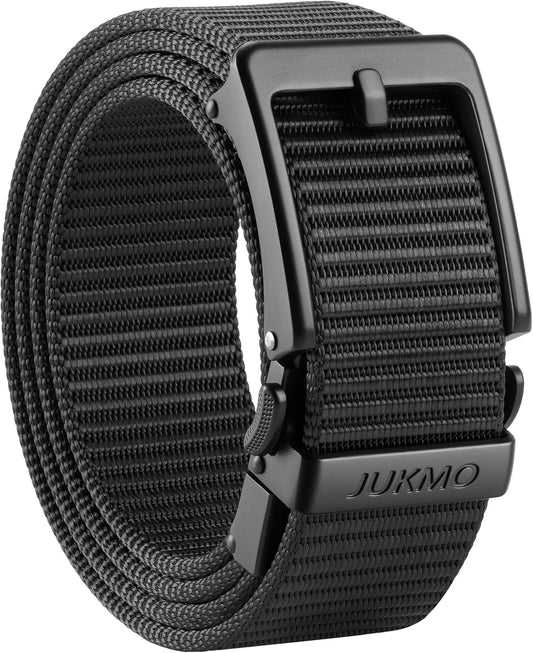 HOTJUKMO Men's 1.5" Ratchet Belt with Pin-Look Buckle for Jeans & Chinos | No-Hole Micro-Adjust Belt with Trim-to-Fit Nylon Webbing & Zinc Alloy Buckle – Perfect for Business Casual