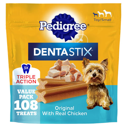 HOTPedigree Dentastix Small & Toy Breed Dog Dental Treats, Fresh, 102 Count | Triple action dental care, reduces tartar, cleans teeth, freshens breath, for dogs 7-22 lbs, no added sugar/fillers