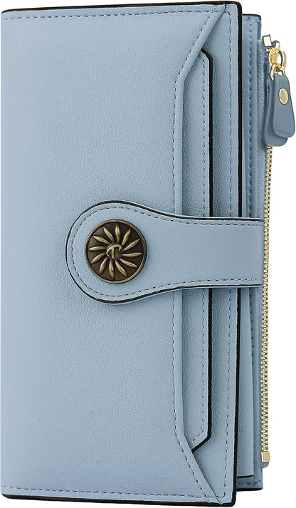 HOTTravelambo Wallets Women RFID Large Capacity Luxury Waxed Leather Clutch Wallet Multi Card Organizer (Light Purple + Blue)