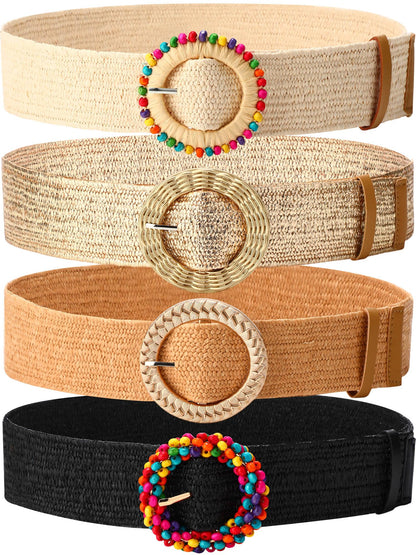 HOTWILLBOND 4 Pcs Women's Elastic Raffia Woven Belt, Boho Rattan Buckle Stretch Straw Wide Waist Belt for Dresses Jeans Pants