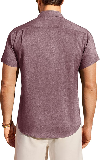 HOTMens Linen Shirt Short Sleeve Wrinkle Free Casual Untucked Button Down Shirts Beach Breathable Tops Summer