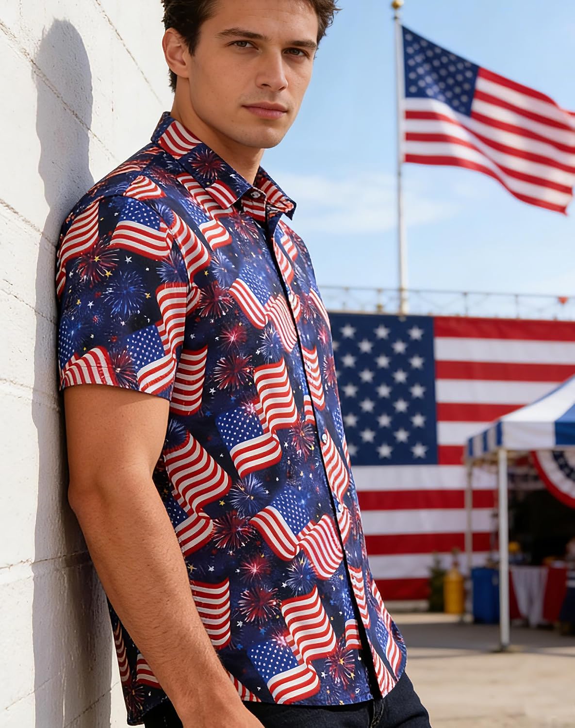 HOTuideazone Mens 4th of July American Flag Patriotic Shirt M-XXL | USA Short Sleeve Button Up Shirt for Independence Day, Memorial Days, Flag Day, 4th of July Parties, Beach Trips and Daily