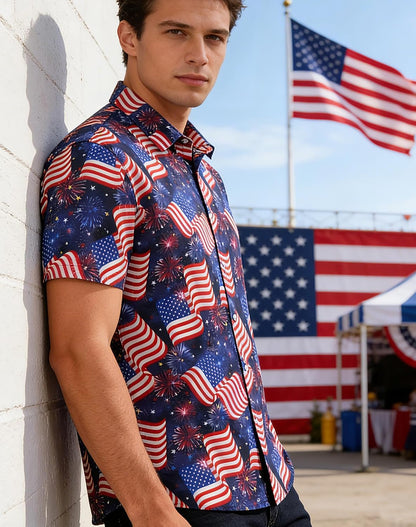 HOTuideazone Mens 4th of July American Flag Patriotic Shirt M-XXL | USA Short Sleeve Button Up Shirt for Independence Day, Memorial Days, Flag Day, 4th of July Parties, Beach Trips and Daily