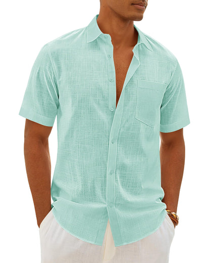 HOTMens Linen Textured Shirt Cotton Short Sleeve Summer Button Down Shirts | 100% Cotton, Linen-look Texture, Casual Wear, Breathable Feel, Lightweight, Untucked, Regular Fit, Beach, Vacation, Resort