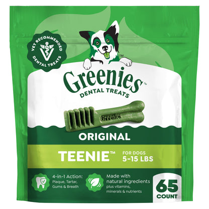 HOTGreenies Teenie Original Natural Dental Dog Treats, Chicken, 130 Count | Clinically-proven, veterinarian-recommended, 47% less tartar & 40% less plaque in 28 days, for dogs 5-15 lbs, 36 oz. Pack