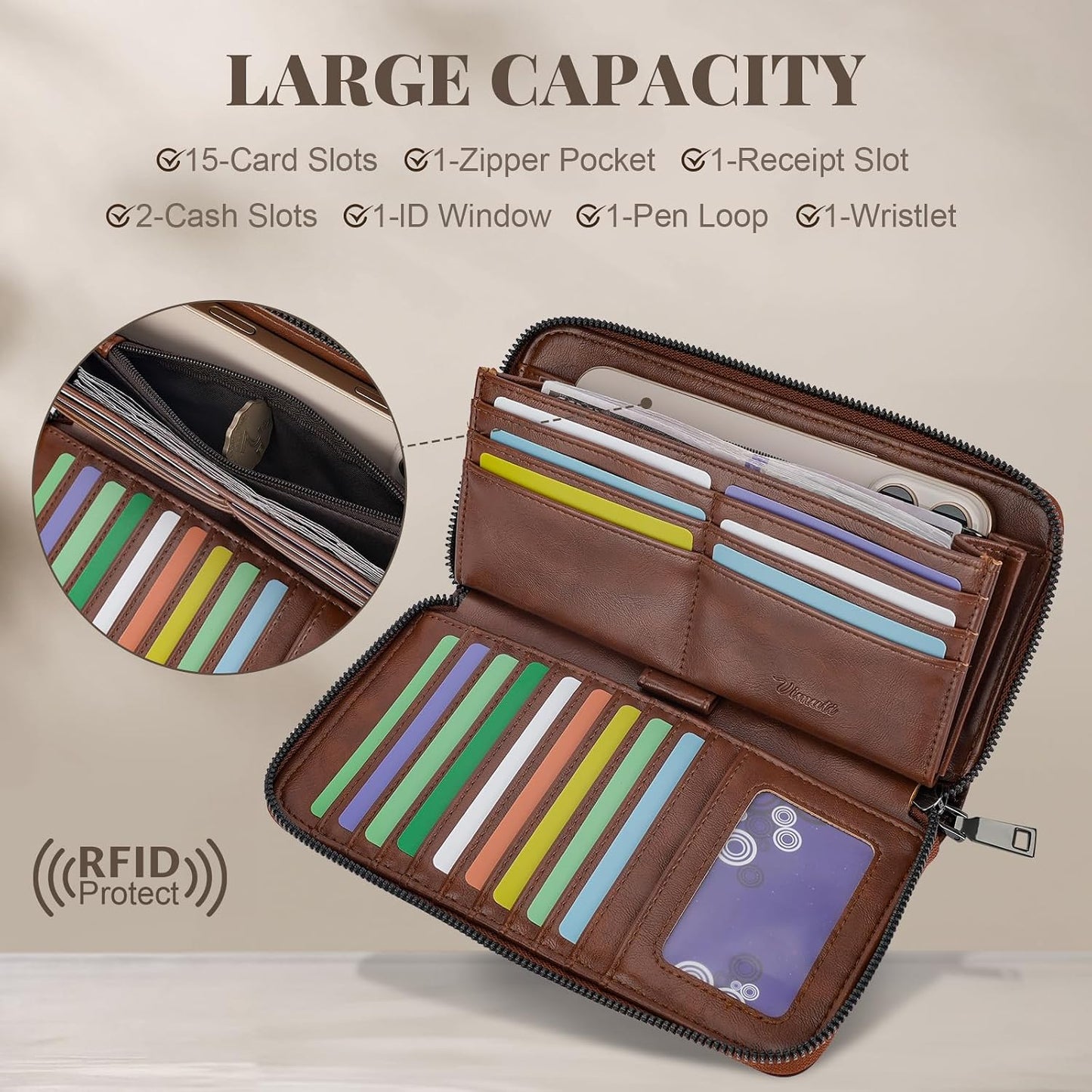 HOTWomens Wallet Rfid Embossed Vegan Leather Multi Card Slots Wallets Large Capacity Wristlet Travel Purse for Women