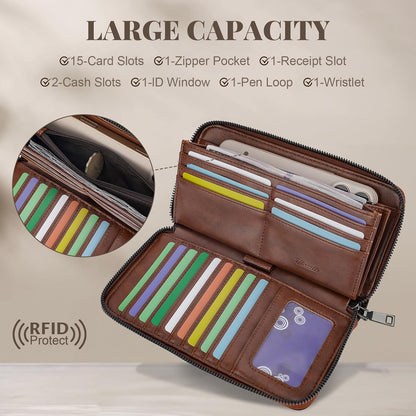 HOTWomens Wallet Rfid Embossed Vegan Leather Multi Card Slots Wallets Large Capacity Wristlet Travel Purse for Women
