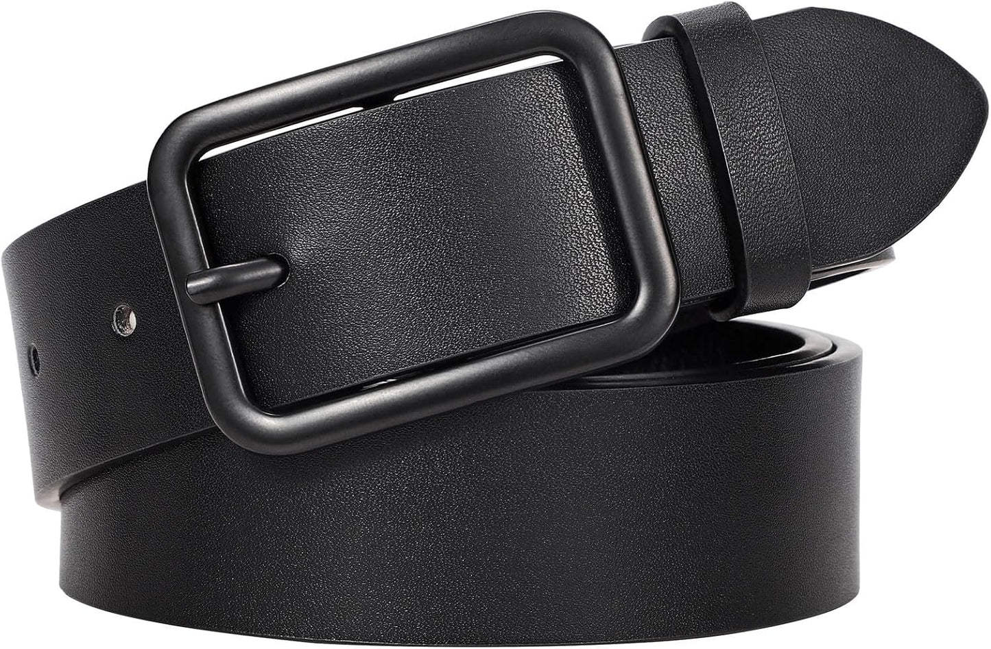 HOTWERFORU Women Classic Black Leather Belt With Square Silver Buckle For Jeans Pants,1.3" width